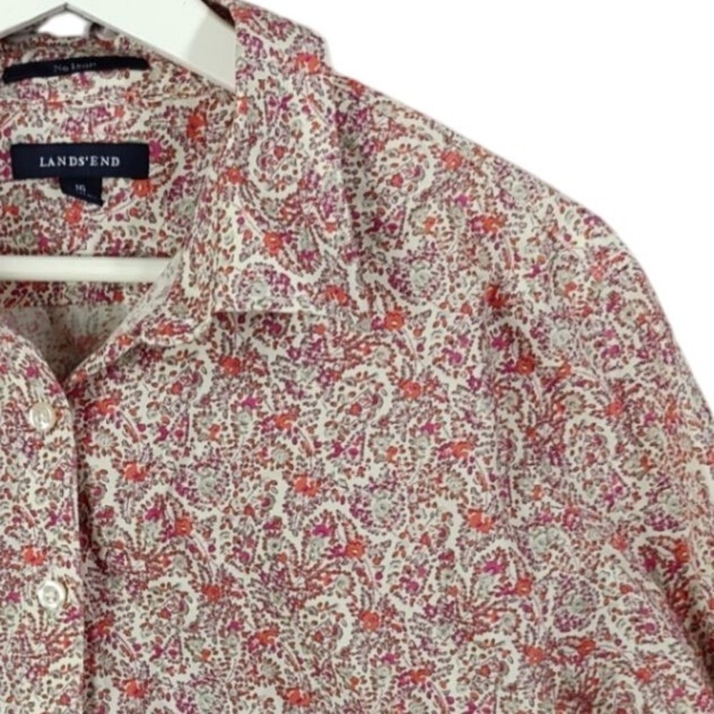 Lands End Womens Cottagecore Preppy Button Down 16 Pink Paisley No Iron Shirt